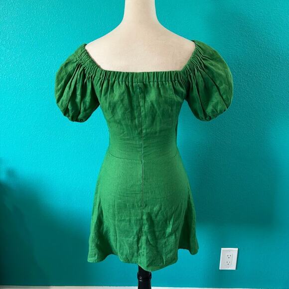 Reformation Bowie Off the Shoulder Dress Green Linen Mini Party Cocktail Sz 0 - Picture 4 of 6